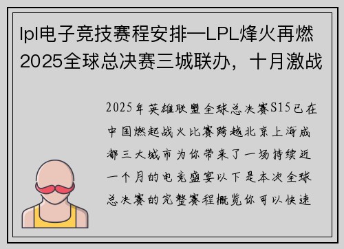 lpl电子竞技赛程安排—LPL烽火再燃2025全球总决赛三城联办，十月激战启航